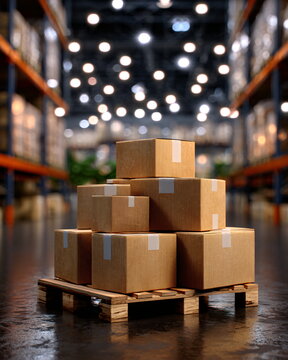 Neatly stacked cardboard boxes on pallet in large illuminated warehouse