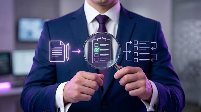 Businessman Using Magnifier Inspecting Green Checklist Form with White Line Art Symbolizing Document Management Systems