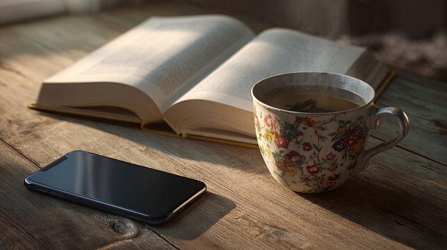 Tranquil still life with open book, steaming tea, and smartphone on wooden table