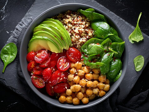Vibrant deconstructed salad bowl with fresh avocado, quinoa, spinach, and chickpeas