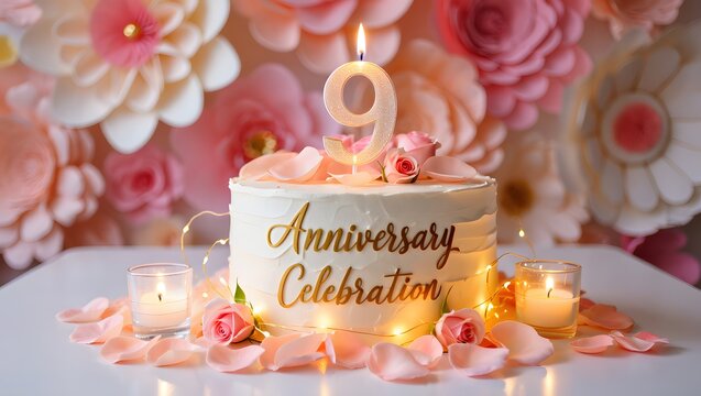 A beautiful 9th anniversary celebration cake with a number nine candle, pink roses, and warm fairy lights