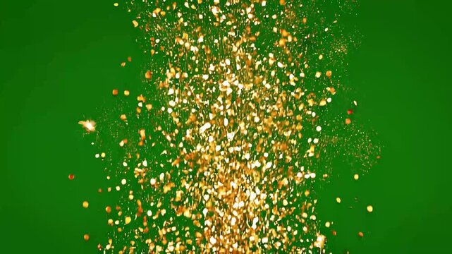 A video showcasing a vibrant display of gold particles falling against a green background