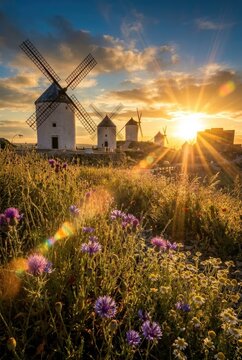 Windmills of Consuegra and Historic Castle at Sunset, Surrounded by Wildflowers on a Hilltop Landscape in Castilla-La Mancha, Spain.