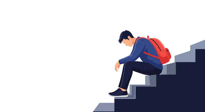 Young person sits on stairs with backpack looking down at the ground during a quiet moment in a modern setting