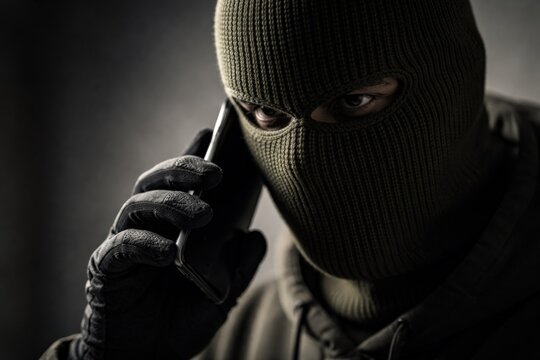 Masked individual on phone signifies the threat of telephone fraud in digital communication.