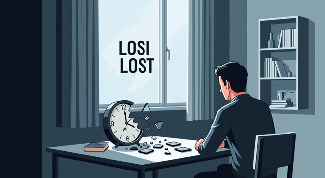 Man sitting at table looking at broken clock with lost time written on the wall during daylight hours near window