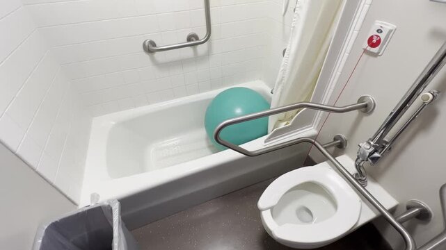 Accessible toilet in a maternity ward with support rails and emergency pull button, interior facility view.