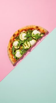 Delicious pizza slice with zucchini and mozzarella on pink and blue background