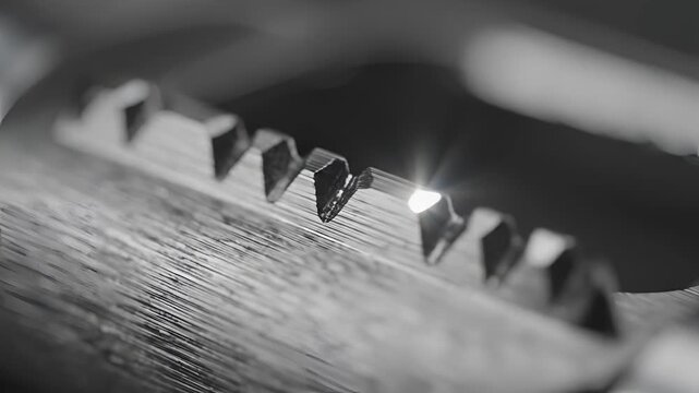 Closeup Macro Shot of a Metal Keys Serrated Edge in Black and White.