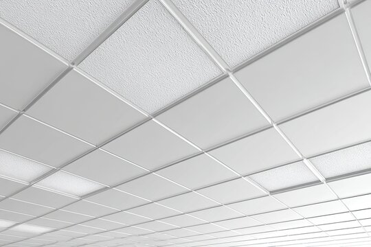 White suspended ceiling grid with varying smooth and textured acoustic panels, angled view