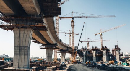 Naklejka premium Massive Highway Overpass Construction Site with Cranes and Concrete Pillars.