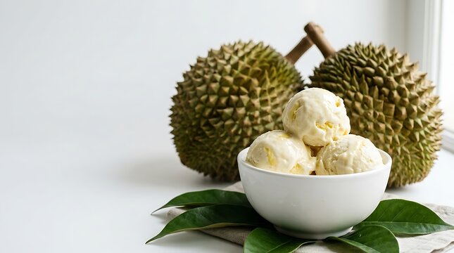 Durian segar dan es krim durian dalam mangkuk di meja putih