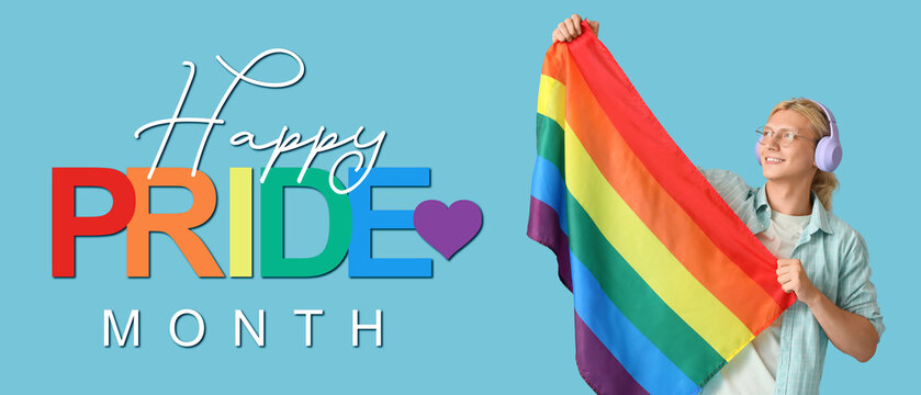 Young man in headphones with LGBT flag on blue background