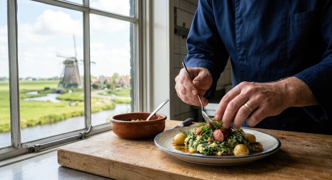 Chef plating traditional Dutch stamppot with sausages and potatoes by a window with a windmill view