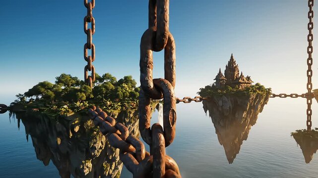 Surreal 3D animation of floating islands connected by giant rusted chains over an ocean with a waterfall and an Asian style temple