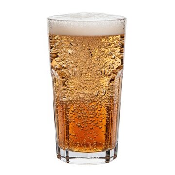 Cold glass of beer with white foam head, refreshing golden lager with bubbles isolated on white background, amber ale in tall pint glass