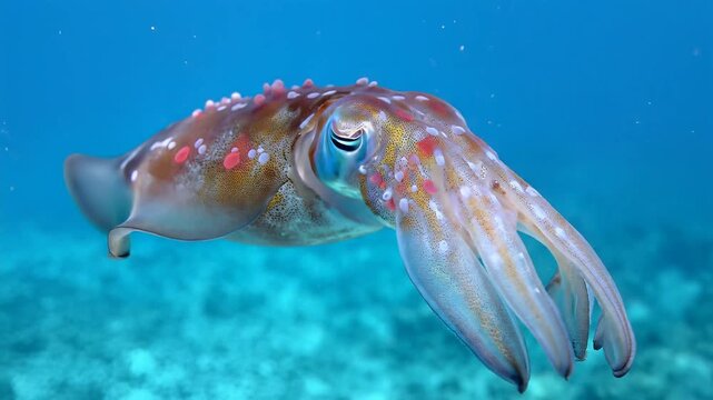 Closeup underwater view of a cuttlefish swimming in clear blue ocean water.