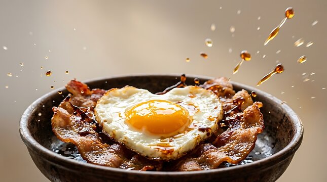 Telur mata sapi di atas semangkuk bacon renyah dan saus kecap manis