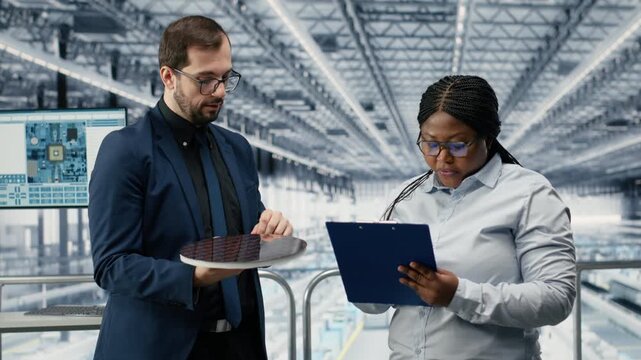 Optimizing photolithography, semiconductor substrate and workers in microchip smart factory reviewing design. Trialing silicon wafer materials, teamwork and colleagues in industrial plant, camera B