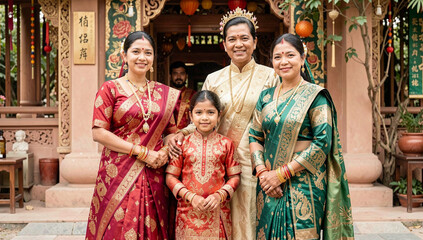 Naklejka premium A joyful family posing in traditional attire at a temple, with cultural symbols adding warmth to the scene.