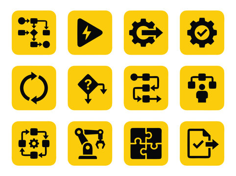 Yellow Icons Representing Business Processes and Technology.