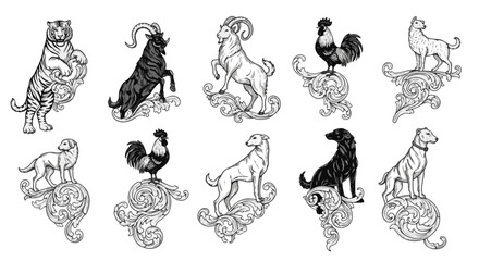 Royal Crest Animals on Intricate Scrollwork Featuring Tigers Goats Roosters and Dogs © Dwi
