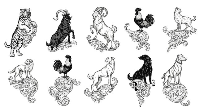 Royal Crest Animals on Intricate Scrollwork Featuring Tigers Goats Roosters and Dogs