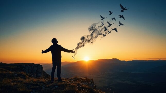 Person Breaking Free From Bad Habits at Sunrise With Birds Flying Away in the Background