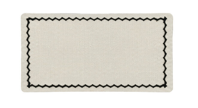 Rectangular beige linen fabric patch with black zigzag stitched border on transparent background. Concept of textile craft and sewing