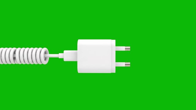 A clean 3D rendering of a white dual-prong European wall power adapter brick connected to a charging cable, spinning in a continuous loop against a chroma key green screen. Perfect for electronics rev
