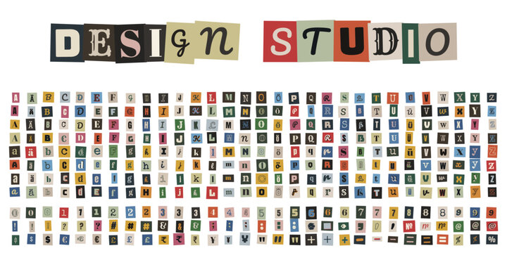 Erpresserbrief Alphabet Set, Ransom Note Design Studio, Bunte Zeitungsausschnitte Buchstaben