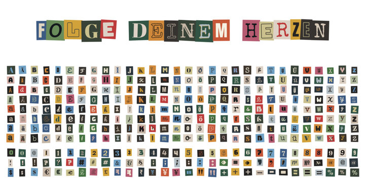 Folge deinem Herzen Spruch aus bunten Zeitungsbuchstaben fuer Vision Board und Collagen