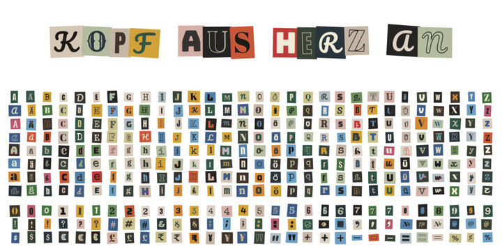 Erpresserbrief Alphabet Set, Kopf aus Herz an, Ransom Note Buchstaben, DIY Basteln