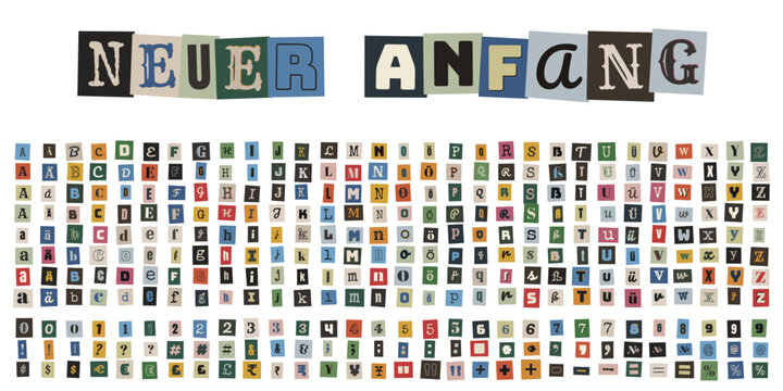 Neuer Anfang Text aus ausgeschnittenen Buchstaben im Erpresserbrief-Stil auf weissem Hintergrund
