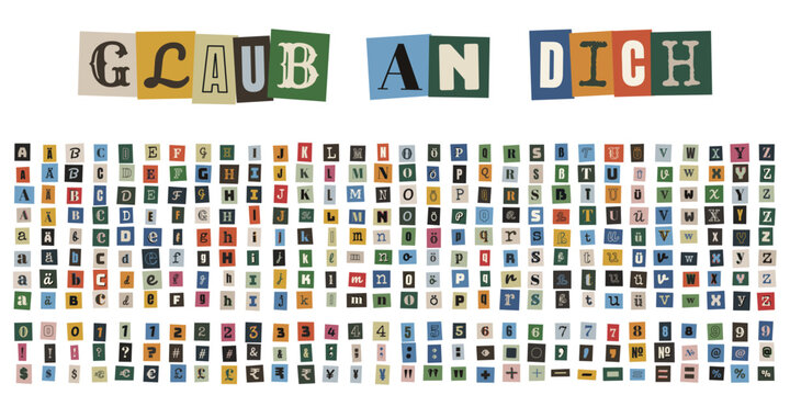 Erpresserbrief Alphabet Set, Glaub an dich Schriftzug, Ransom Note Buchstaben, DIY Basteln