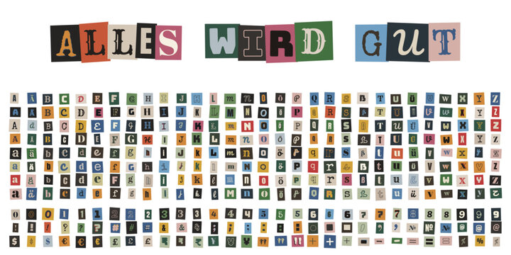 Alles wird gut Affirmation im bunten Erpresserbrief Stil mit Alphabet und Zahlen Set
