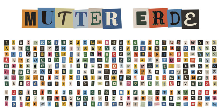 Mutter Erde Schriftzug aus bunten Erpresserbrief Buchstaben, Ransom Note Alphabet Set