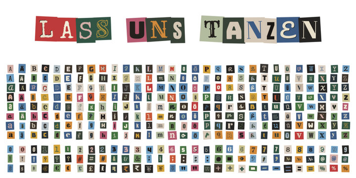 Erpresserbrief Buchstaben Set, Lass uns tanzen Schriftzug, bunte Zeitungsbuchstaben Collage f&uuml;r DIY