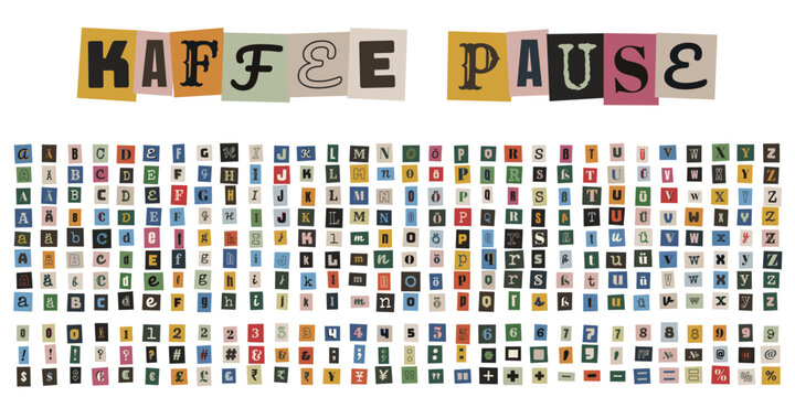 Kaffee Pause Schriftzug aus bunten Zeitungsausschnitten im Erpresserbrief Stil, DIY Alphabet Set