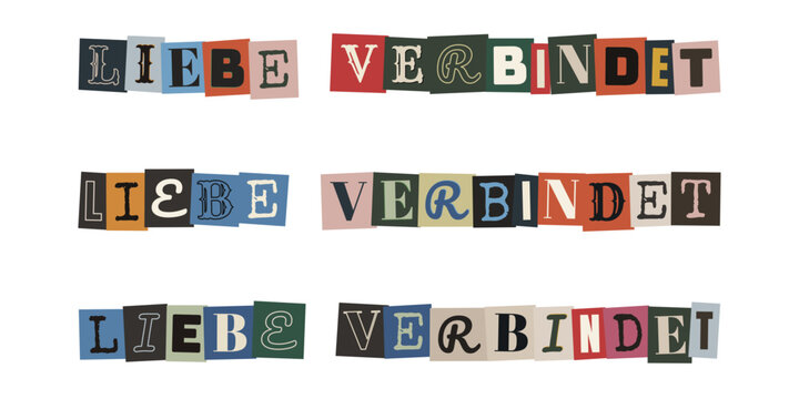 Liebe verbindet Schriftzug im Erpresserbrief-Stil, bunte Collage f&uuml;r LGBTQ Pride und soziale Inklusion