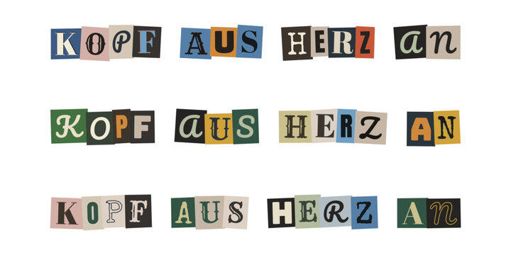 Kopf aus Herz an Schriftzug im Erpresserbrief Stil, Motivation fuer Achtsamkeit und Gefuehle