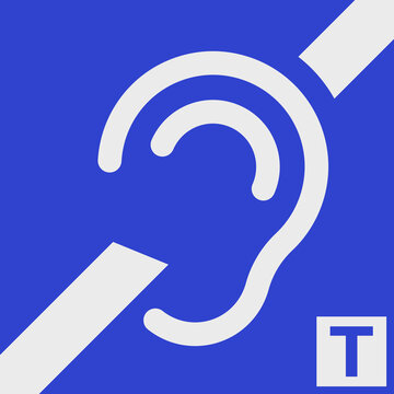 Vector illustration of blue hearing loop sign using T switch, representing assistive listening, hearing aid support, accessibility, and inclusive public spaces