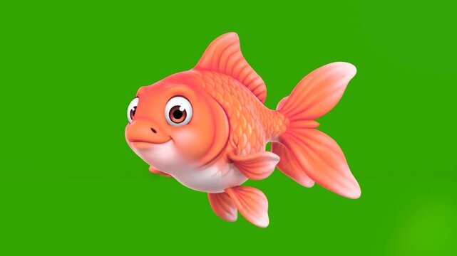 A charming 3D animation of a pink-scaled goldfish character performing a celebratory dance routine. The asset features expressive eyes and a friendly smile, isolated on a chroma key green screen with 