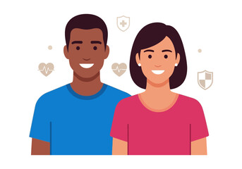 Fototapeta premium Smiling diverse couple, a man and a woman, with health and protection icons in the background, representing well-being and security.