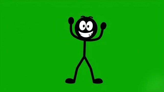 A black 2D stick figure animation with a large expressive face cheering and waving its arms. This minimalist character is perfect for explainer videos, humorous presentations, or simple tutorials on a