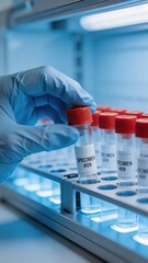 Fototapeta premium A medical professional in a laboratory setting carefully handles a specimen vial, showcasing attention to detail and adherence to safety protocols in medical research.