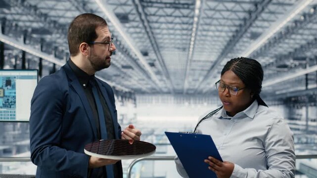 Developing technology roadmaps, silicon wafers and factory manager with woman. Upgrading semiconductor substrates, maintenance checklist and workers engineering tech, camera B