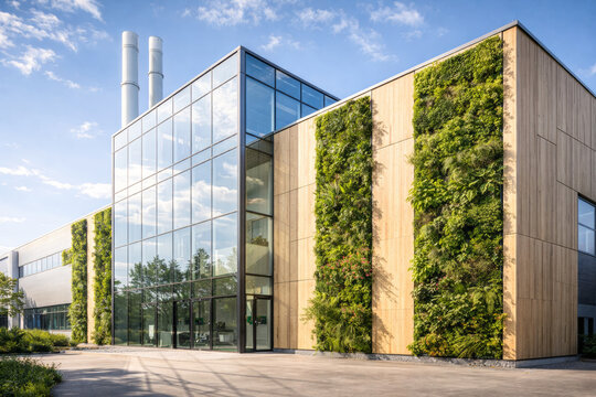 Modern eco-friendly building with green wall and glass fa&ccedil;ade