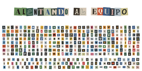 Fototapeta premium Letras y números de recortes de revistas para crear pancartas de ánimo y aliento al equipo