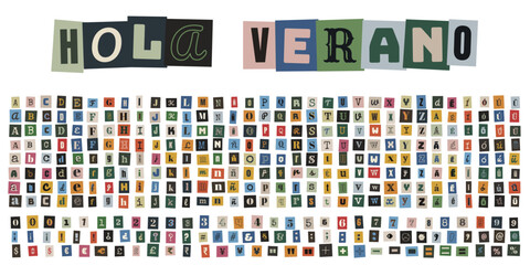 Alfabeto de recortes de revista estilo nota de rescate con frase Hola Verano para diseño creativo © velikiyzayats